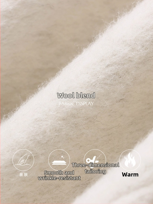 Moteriškas vilnos paltas, nuimama megzta gobtuvė, šalikui primenantis dizainas, apvali kaklo linija, ilgas siluetas, vienos eilės užsegimas