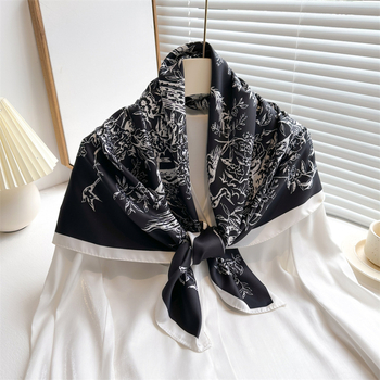 Kvadratni šal s Ink Painting uzorkom, poliester, twill tkanina, UV zaštita, elegantan nacionalni stil, ženski dodatak