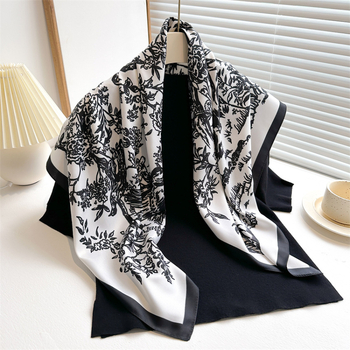Kvadratni šal s Ink Painting uzorkom, poliester, twill tkanina, UV zaštita, elegantan nacionalni stil, ženski dodatak