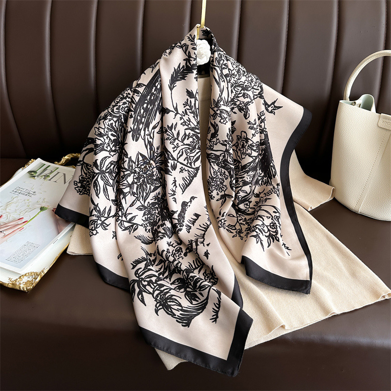 Kvadratni šal s Ink Painting uzorkom, poliester, twill tkanina, UV zaštita, elegantan nacionalni stil, ženski dodatak
