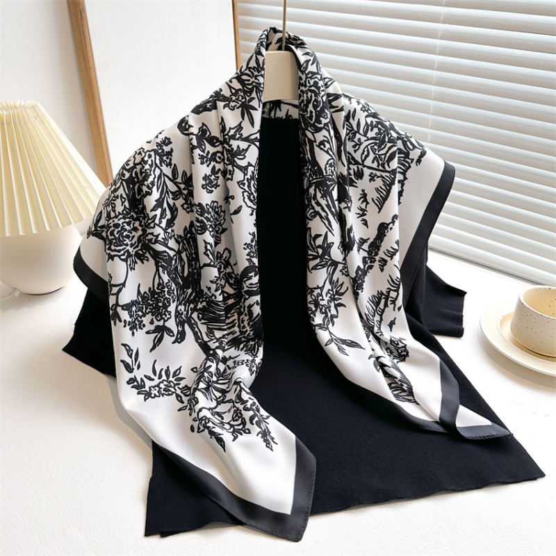 Kvadratni šal s Ink Painting uzorkom, poliester, twill tkanina, UV zaštita, elegantan nacionalni stil, ženski dodatak