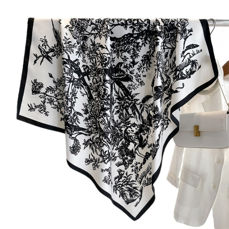 Kvadratni šal s Ink Painting uzorkom, poliester, twill tkanina, UV zaštita, elegantan nacionalni stil, ženski dodatak