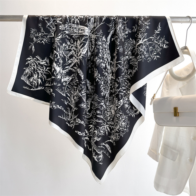 Kvadratni šal s Ink Painting uzorkom, poliester, twill tkanina, UV zaštita, elegantan nacionalni stil, ženski dodatak