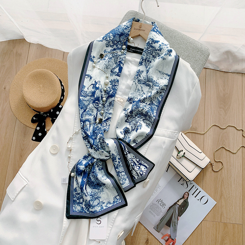 Fular dublu pentru cap, chiffon cu țesătură satinată, 100% poliester, imprimare, pentru femei