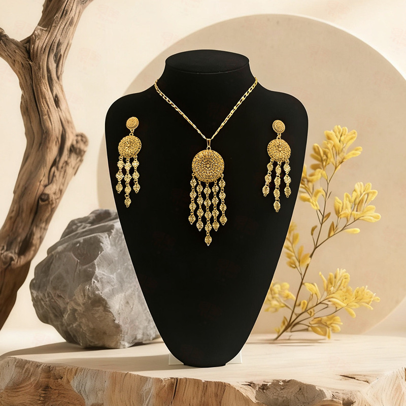 Set bijuterii colier și cercei placate cu aur, inimă, din cupru, lanț în formă de O, electroplacare, 41 g