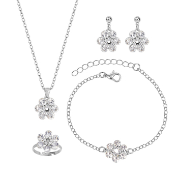 Set de bijuterii cu floare de prune – colier cu lanț clavicular simplu, pandantiv strălucitor, inel, cercei și brățară (aliaj, electroplacare, lanț în formă de O)