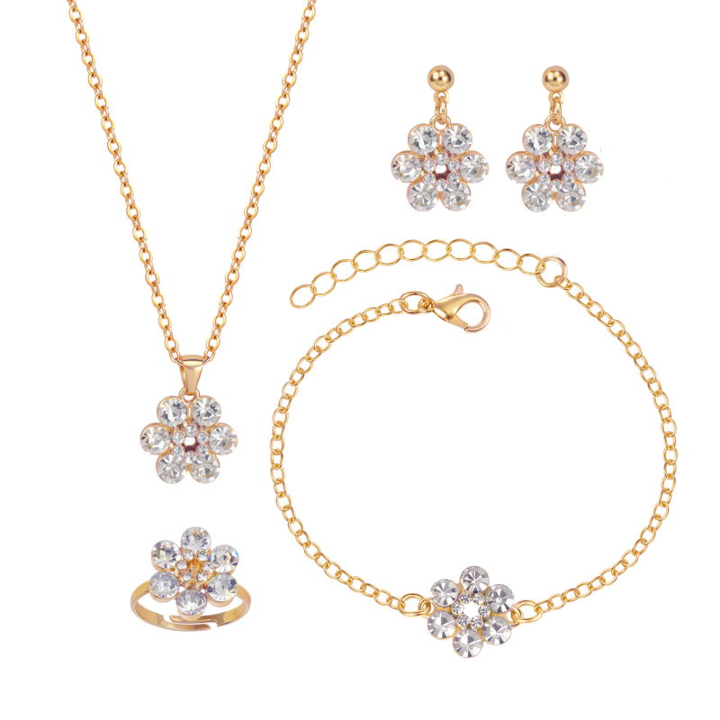 Set de bijuterii cu floare de prune – colier cu lanț clavicular simplu, pandantiv strălucitor, inel, cercei și brățară (aliaj, electroplacare, lanț în formă de O)