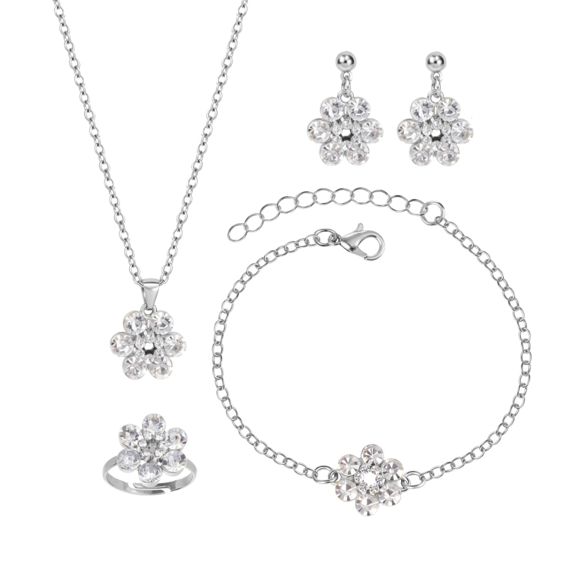 Set de bijuterii cu floare de prune – colier cu lanț clavicular simplu, pandantiv strălucitor, inel, cercei și brățară (aliaj, electroplacare, lanț în formă de O)