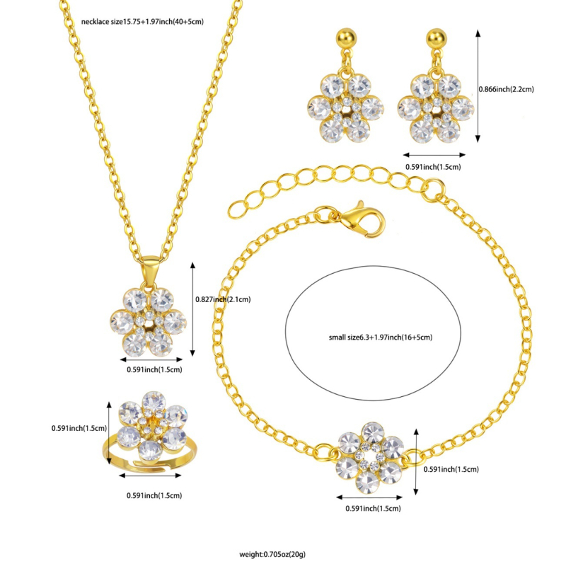 Set de bijuterii cu floare de prune – colier cu lanț clavicular simplu, pandantiv strălucitor, inel, cercei și brățară (aliaj, electroplacare, lanț în formă de O)