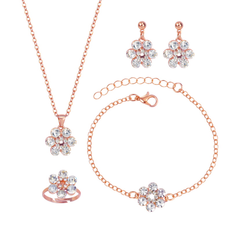 Set de bijuterii cu floare de prune – colier cu lanț clavicular simplu, pandantiv strălucitor, inel, cercei și brățară (aliaj, electroplacare, lanț în formă de O)