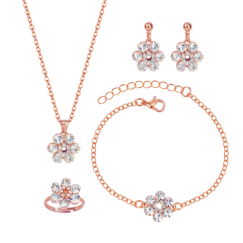 Set de bijuterii cu floare de prune – colier cu lanț clavicular simplu, pandantiv strălucitor, inel, cercei și brățară (aliaj, electroplacare, lanț în formă de O)