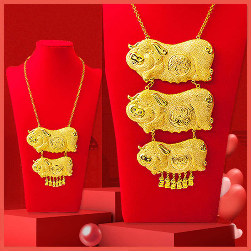 Set colier cu trei motife de porcine în Sand Gold, placare electrogalvanică, lanț O, unisex