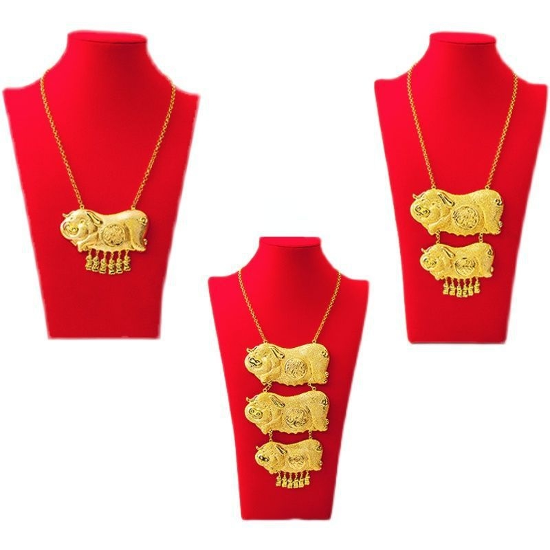 Set colier cu trei motife de porcine în Sand Gold, placare electrogalvanică, lanț O, unisex