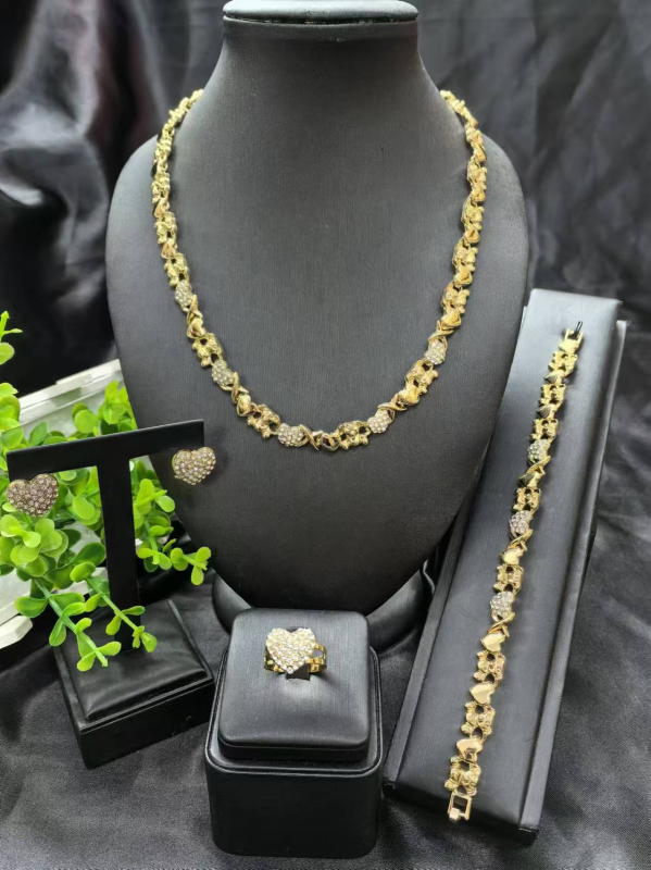 Комплект бижута за дами: колие, обеци и гривна с удължена верига; меден материал, електроплакиране, диамантен стил; мотиви растения и цветя