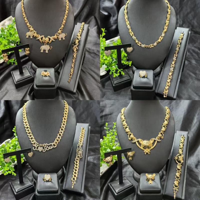 Комплект бижута за дами: колие, обеци и гривна с удължена верига; меден материал, електроплакиране, диамантен стил; мотиви растения и цветя