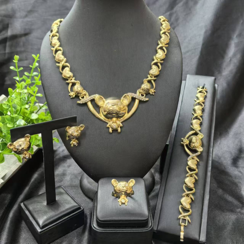 Комплект бижута за дами: колие, обеци и гривна с удължена верига; меден материал, електроплакиране, диамантен стил; мотиви растения и цветя