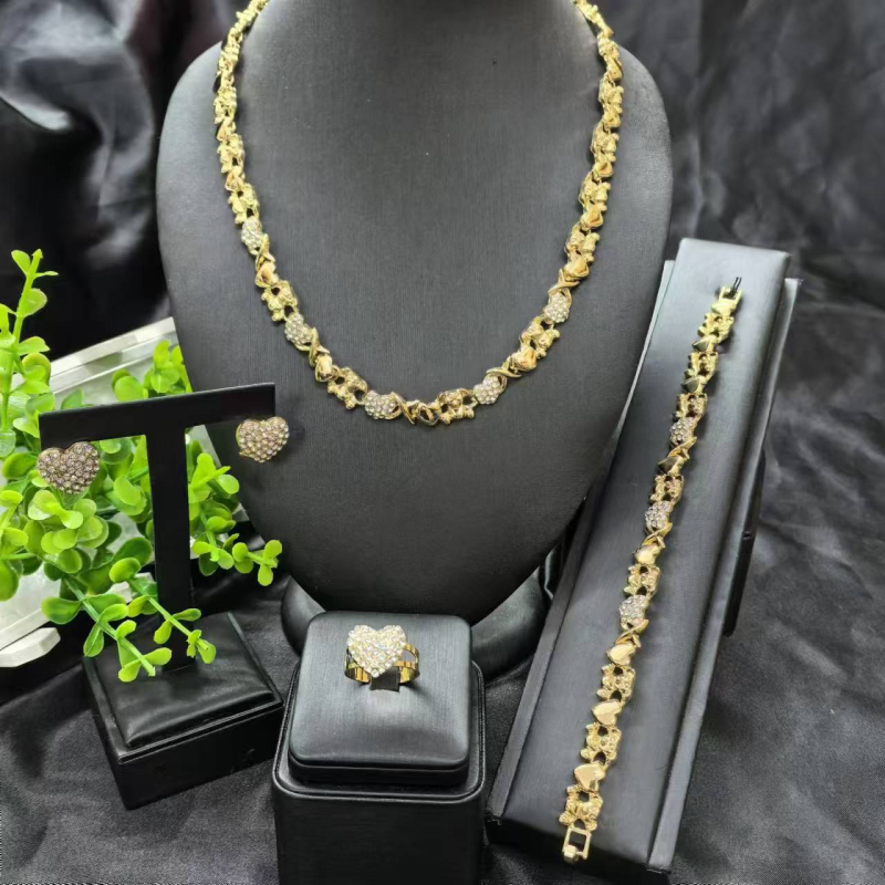 Комплект бижута за дами: колие, обеци и гривна с удължена верига; меден материал, електроплакиране, диамантен стил; мотиви растения и цветя