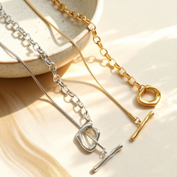 Ilga regulējama džemperu kakla ķēde ar OT spriegošanas slēdzi, nerūsējošā tērauda, zeltītas ieliktuves, bumbveida ķēde, 81 cm un vairāk