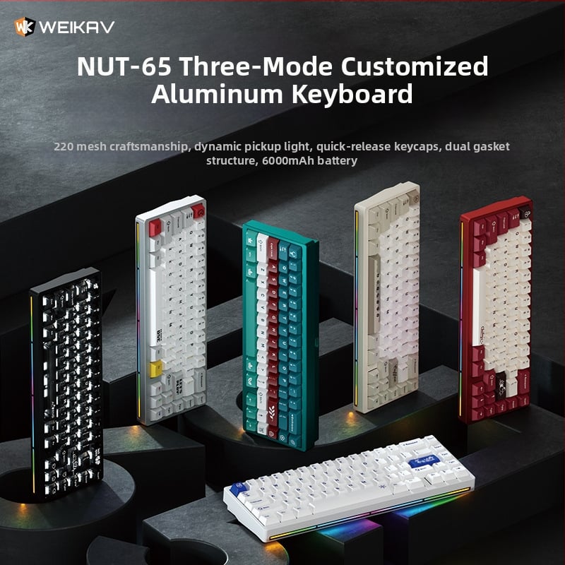 Weikav Nut65 trojmódová mechanická klávesnica z hliníkovej zliatiny so štruktúrou gasket, káblové pripojenie, RGB podsvietenie, až 87 kláves