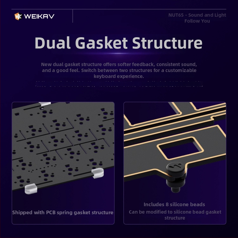Weikav Nut65 trojmódová mechanická klávesnica z hliníkovej zliatiny so štruktúrou gasket, káblové pripojenie, RGB podsvietenie, až 87 kláves