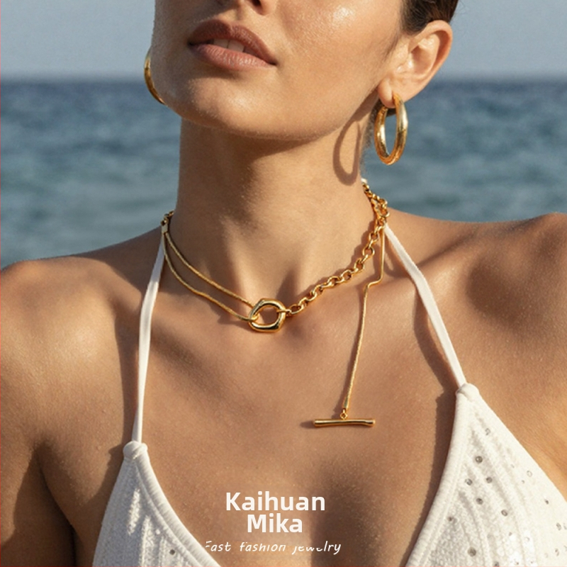 Nerūsējošā tērauda OT sprādze, garš regulējams džemperu ķēde ar zeltītām mākslīgajām dārgakmeņiem (81 cm+)