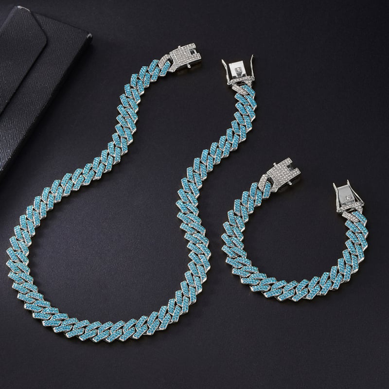 Kubanski lančani set od legure s šarenim kristalima, 14 mm, unisex, punk hip-hop stil