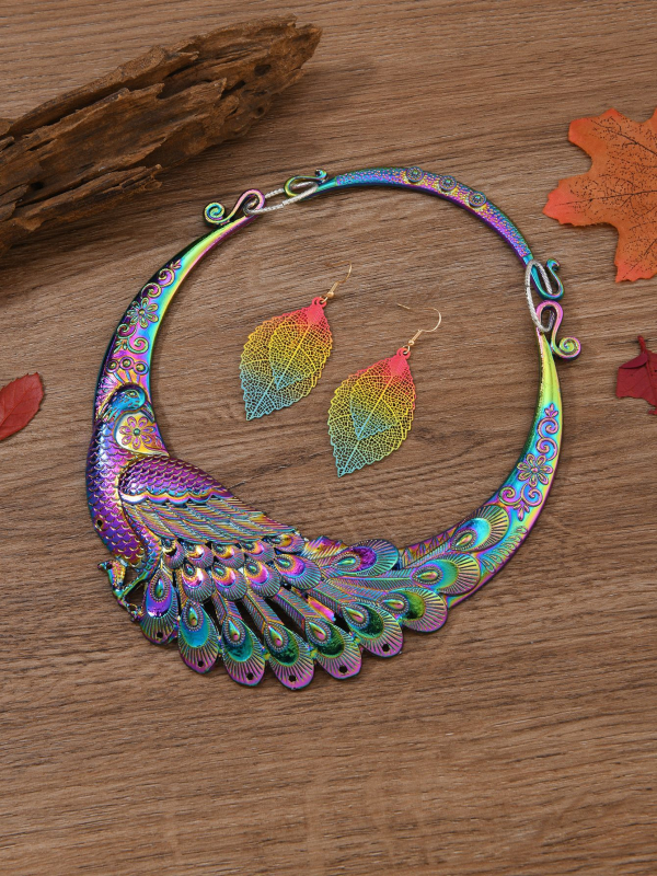 Σετ κολιέ και σκουλαρίκια από κράμα ψευδάργύρου, με στριφτή αλυσίδα, ηλεκτροπλατίωση, μενταγιόν με μοτίβο αστερισμού, εθνο-λαϊκό ρετρό στυλ, φθινοπωρινή έκδοση 2025