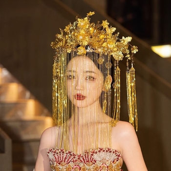 Булчински комплект за глава - сплавна корона в дворцов стил с флорална шарка, воал и фиби за коса (Пролет 2025)