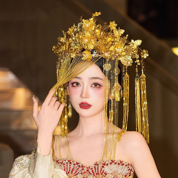 Булчински комплект за глава - сплавна корона в дворцов стил с флорална шарка, воал и фиби за коса (Пролет 2025)