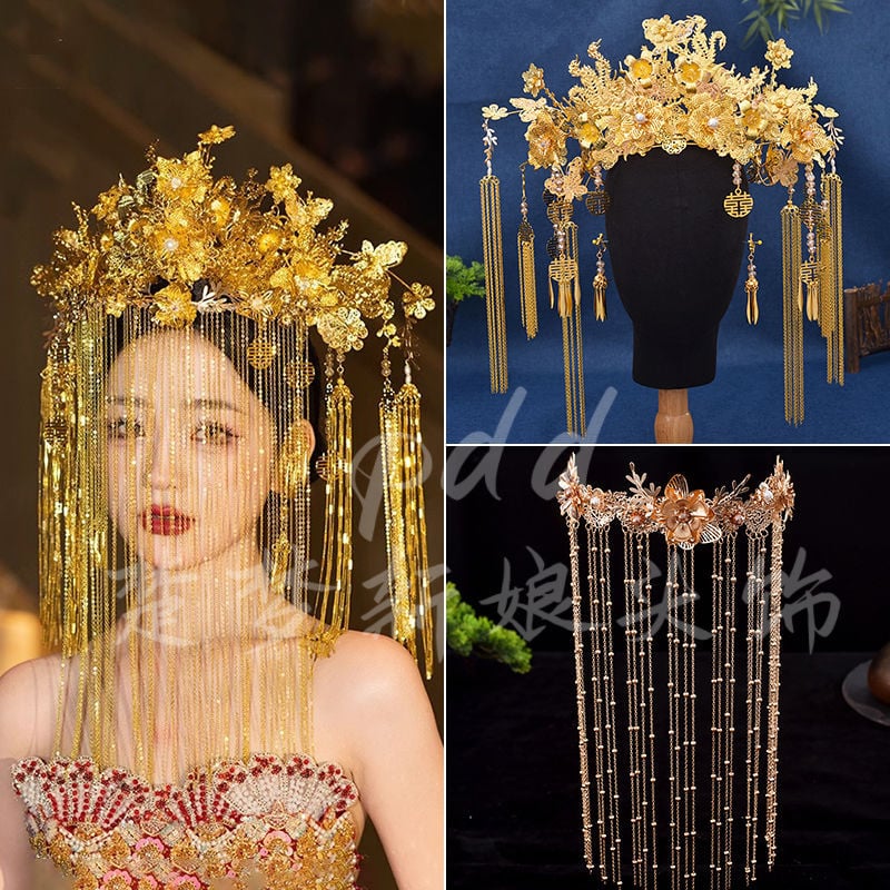 Булчински комплект за глава - сплавна корона в дворцов стил с флорална шарка, воал и фиби за коса (Пролет 2025)