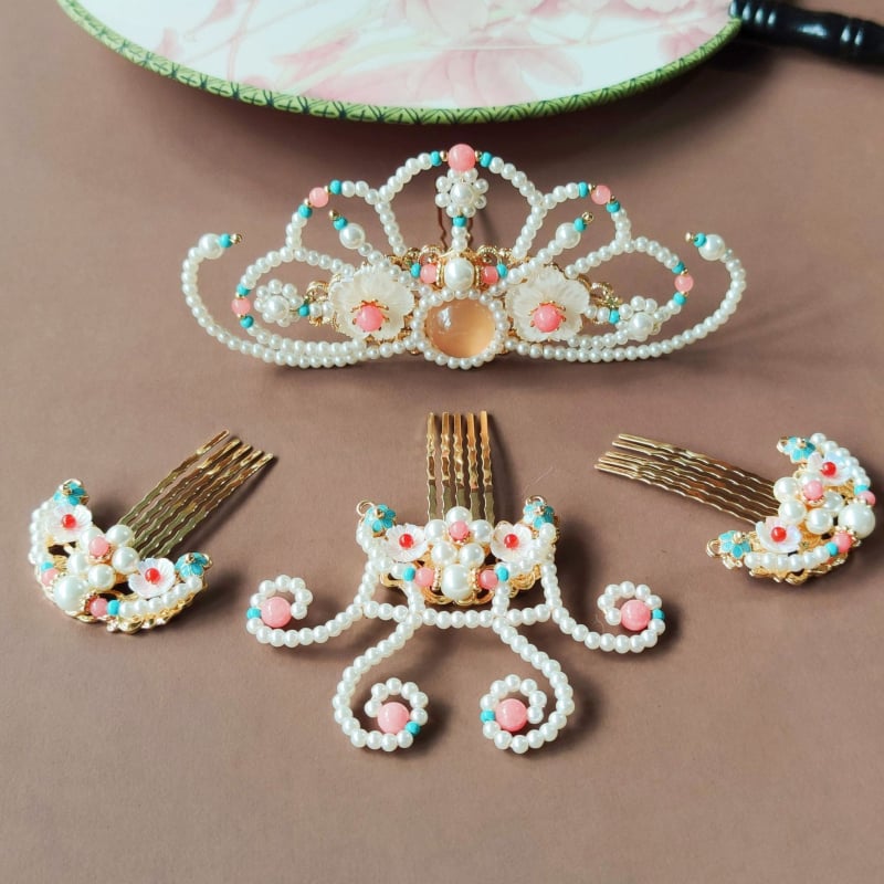 Käsitöö juukse kroon, antiikstiil, klaasist helmidega