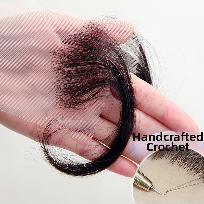 Microgus Reāli cilvēka matu bangs – priekšējās matu līnijas līmējums, elpojošs, ultra plāns, neredzams, roku adīts