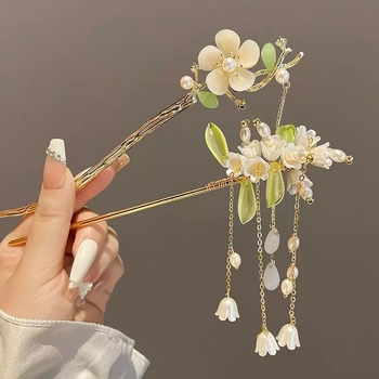 Kopča za kosu s motivom magnolije, antički palatski stil, Hanfu dodatak od legure s resicama i perlama