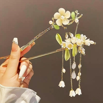 Kopča za kosu s motivom magnolije, antički palatski stil, Hanfu dodatak od legure s resicama i perlama