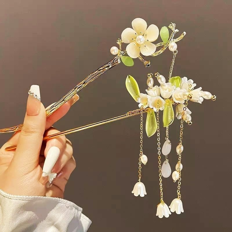 Kopča za kosu s motivom magnolije, antički palatski stil, Hanfu dodatak od legure s resicama i perlama