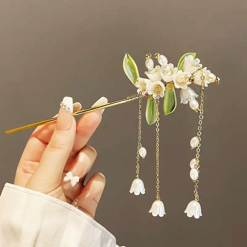 Kopča za kosu s motivom magnolije, antički palatski stil, Hanfu dodatak od legure s resicama i perlama