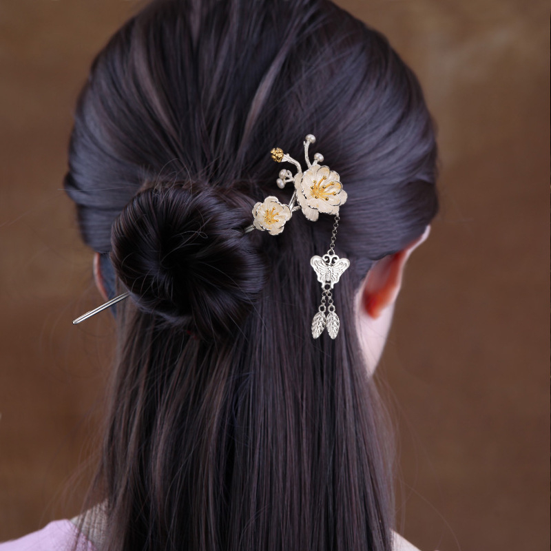 Bakrena retro igla za kosu s cvjetnim motívom za Hanfu