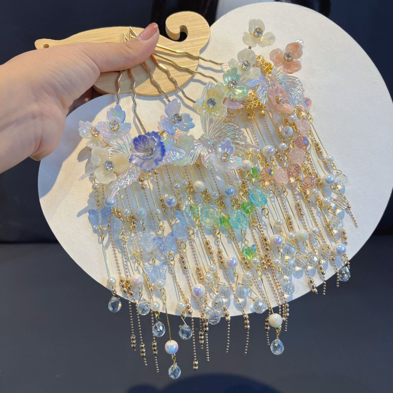Hanfu hairpin s resicama - metalna, vintage stil, za žene, ručno izrađeno, jesen 2024