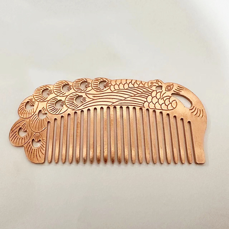 Ručne vyrábaný meďový hrebeň na vlasy s motívom páva, etnický štýl, unisex, leštený povrch