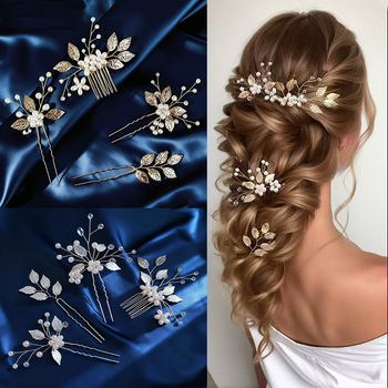 Сватбен гребен за коса с перли, листовиден дизайн, ръчна изработка, винтидж стил, кристали