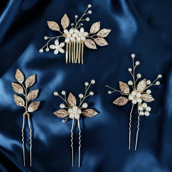 Сватбен гребен за коса с перли, листовиден дизайн, ръчна изработка, винтидж стил, кристали