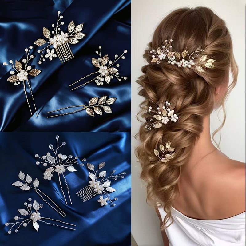 Сватбен гребен за коса с перли, листовиден дизайн, ръчна изработка, винтидж стил, кристали