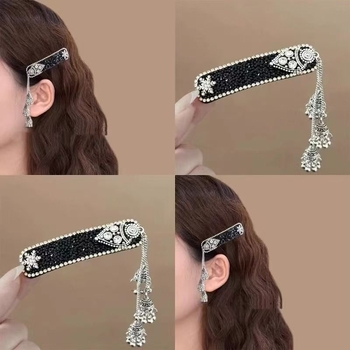 Hajcsipesz tollas díszítéssel, etnikus stílusú oldalsó klip, ötvözet, elektroplakálás, mesterséges kövekkel beépítve