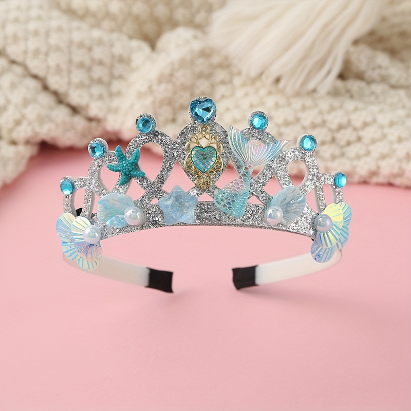 Dječja tiara-čelenka s školjkama i perlama – platna, ručna izrada, ametist kristali, crtani stil