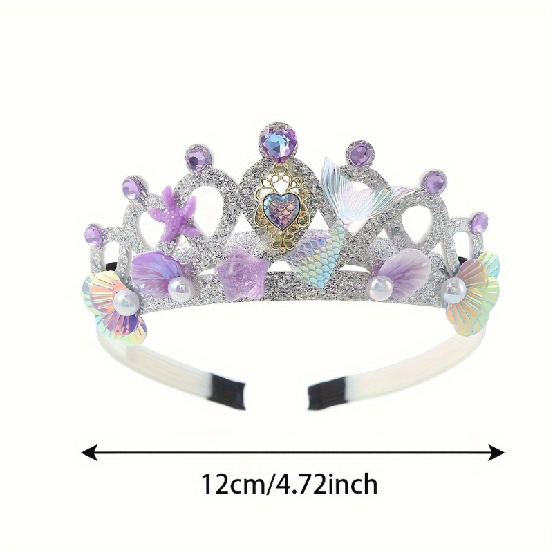 Dječja tiara-čelenka s školjkama i perlama – platna, ručna izrada, ametist kristali, crtani stil