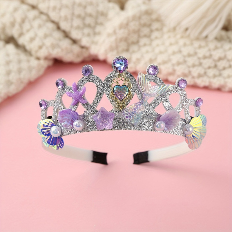 Dječja tiara-čelenka s školjkama i perlama – platna, ručna izrada, ametist kristali, crtani stil