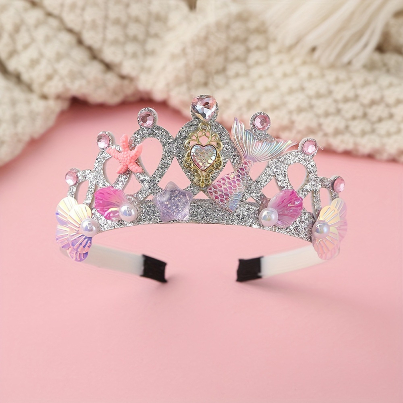 Dječja tiara-čelenka s školjkama i perlama – platna, ručna izrada, ametist kristali, crtani stil