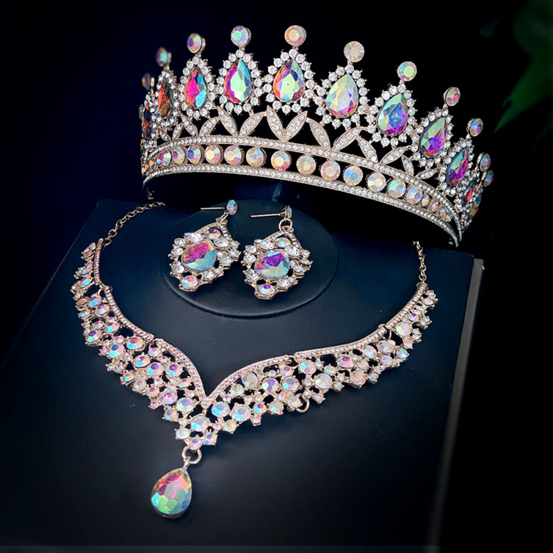 Trodijelni svadbeni set za kosu: kruna/tiara, ogrlica i naušnice — legura s kristalima, elektropleniranje, prilagodljiv lanac ispod 10 cm
