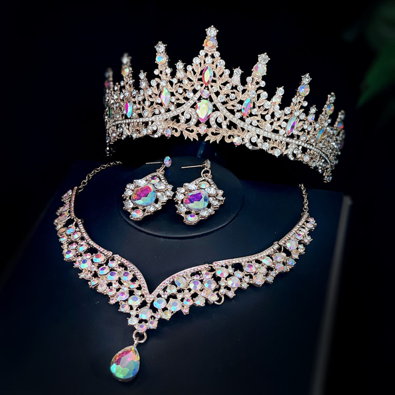 Trodijelni svadbeni set za kosu: kruna/tiara, ogrlica i naušnice — legura s kristalima, elektropleniranje, prilagodljiv lanac ispod 10 cm