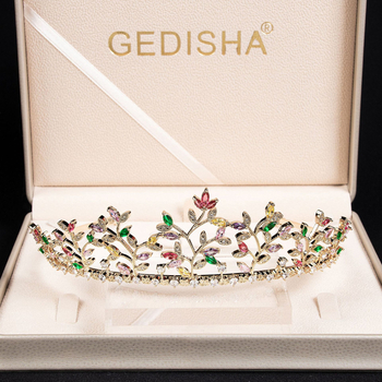 Coronă de cupru cu motiv frunză, zirconiu montat, accesoriu de păr pentru mireasă